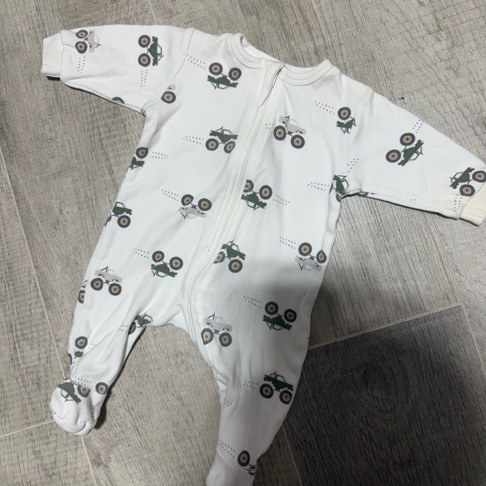 Petit Lem White Footie with Green Tractor Print